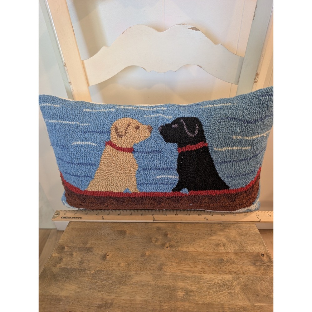 Peking Handicraft Dog Hook Pillow Yellow Black Lab Lake Boat Canoe 11x19 - Picture 15 of 16